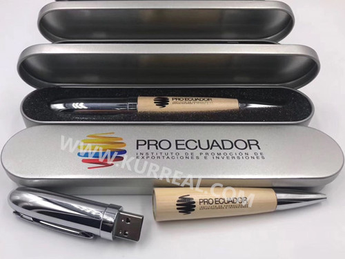 Eco Wooden USB Flash Drives Ballpoint Pen 8GB Silk Screen Corporate Gifts For Pro Ecuador Instituto de Promoción