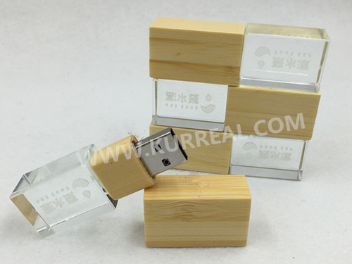 Fabulous 16GB Led Light Up Logo Crystal USB Flash Drives With Wooden Cap Gifts Giveaways