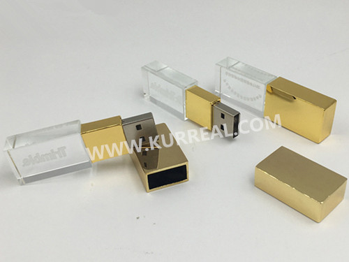 Rectangular Led Light Up Logo Crystal USB Flash Drives With Gold Cap 16GB